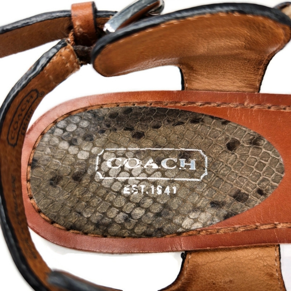 Coach Coco Tan Leather & Python Snake Print T-Strap Slingback Flat Thong Sandals - Picture 10 of 13